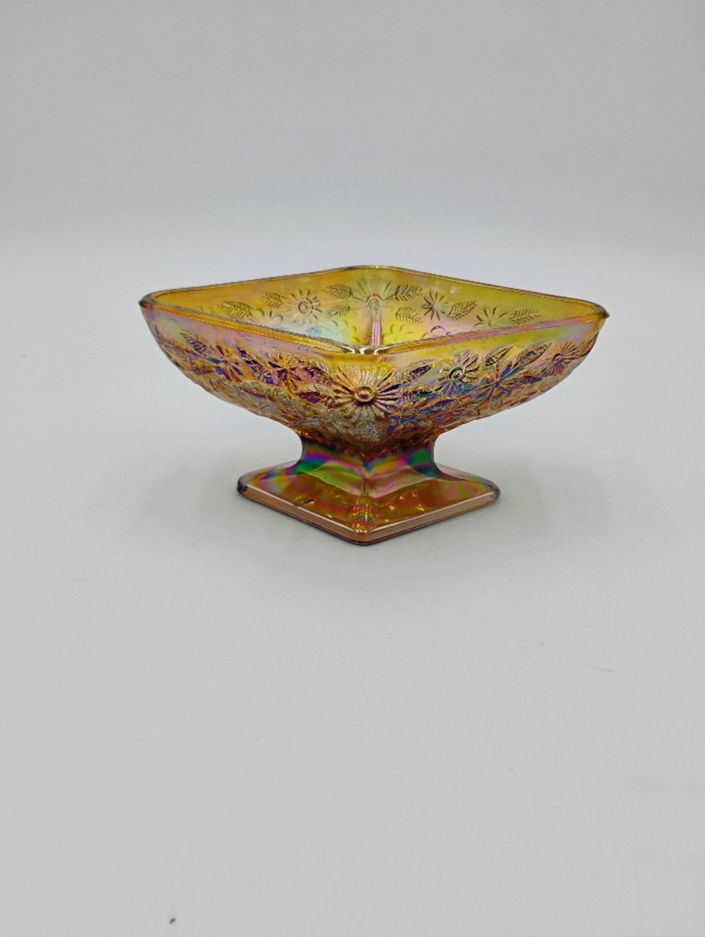 1970s Indiana Glass Company Amber Carnival "Pineapple And Floral" Footed Dish